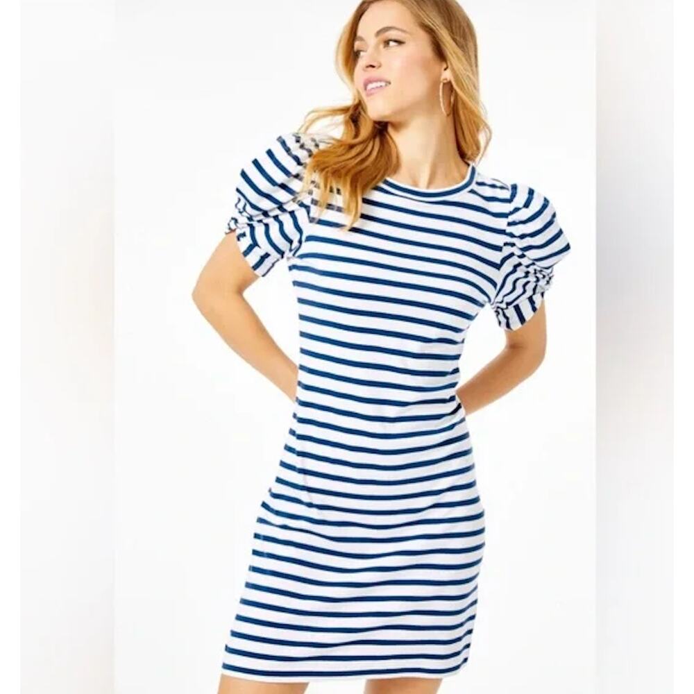 LILLY PULITZER 100% Pima Cotton Anabella Dress High Tide Navy Perfect Stripe M